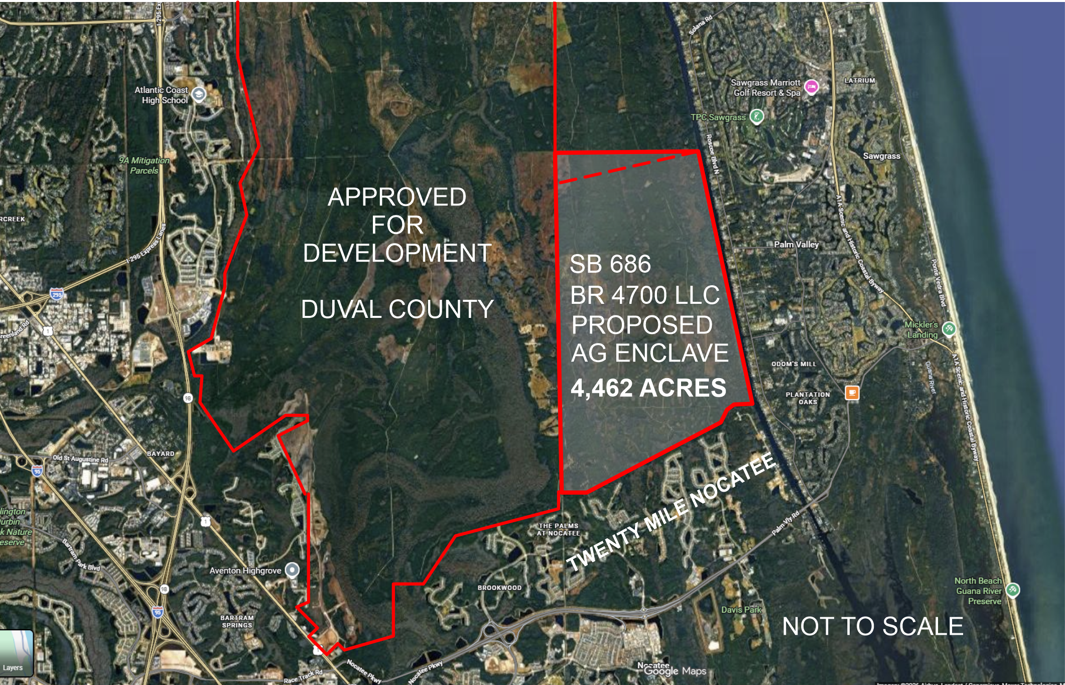 Map of SB 686 proposal by BR 4700. Includes outline of adjacent area that was approved by Duval County in 2023 for a mass housin